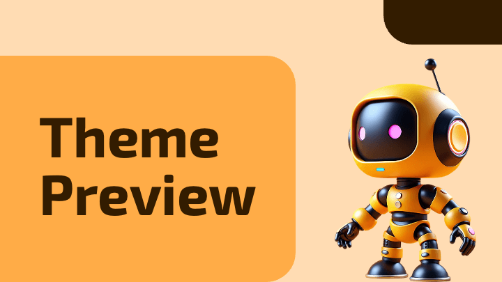 Warm orange background with playful 3D robot character and rounded frames